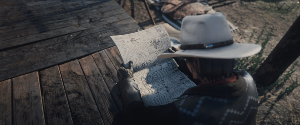 A cowboy reading a newspaper